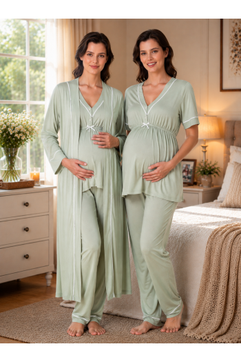 Effortt 5094 Yeşil Biye Detaylı Sabahlıklı Lohusa Pijama Takımı Effortt 5094 Yeşil Biye Detaylı Sabahlıklı Lohusa Pijama Takımı